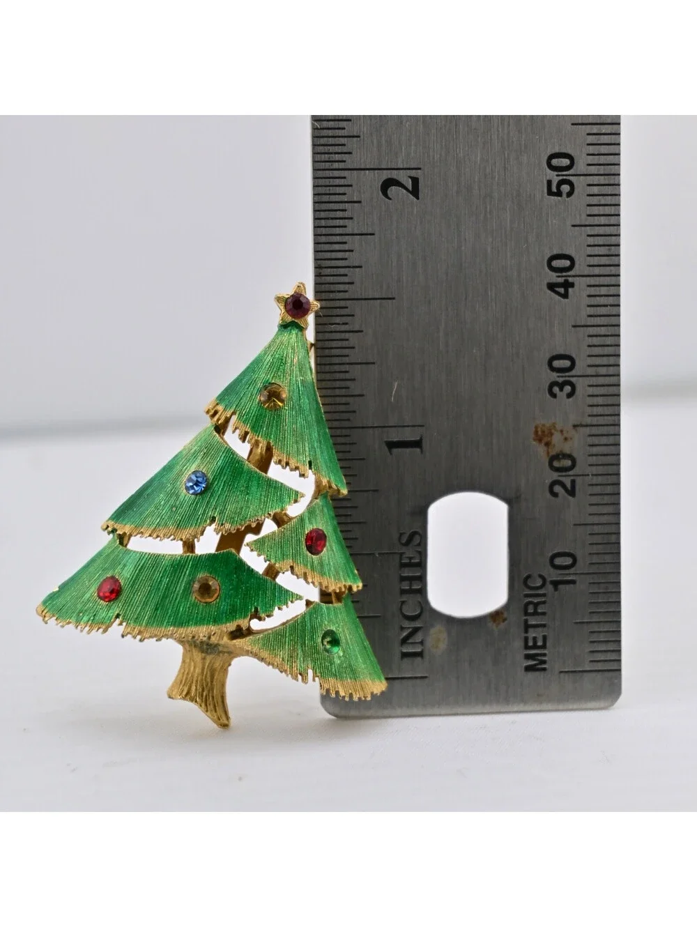 Vtg Rhinestone Christmas Tree Brooch Pin Green Enamel Gold Holiday Winter Gift